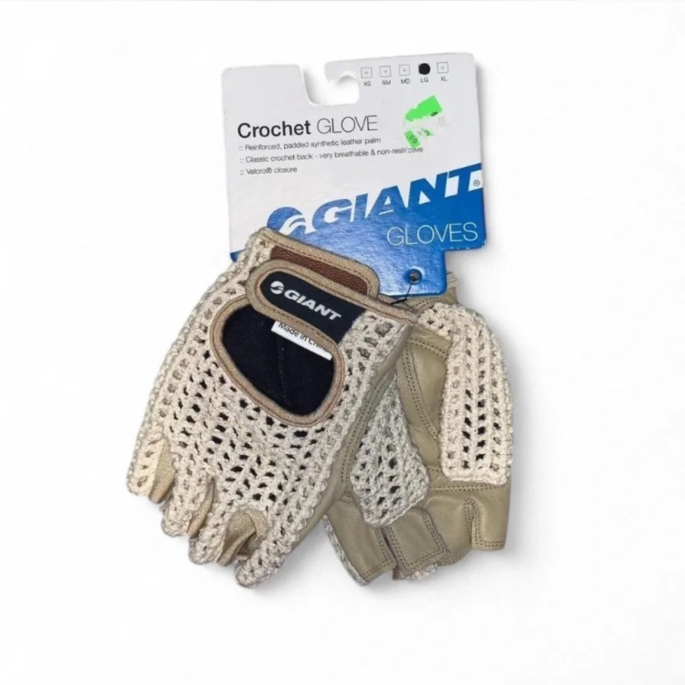 Giant Crochet and leather cream tan breathable Cycling Gloves size large velcro